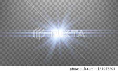 Blue horizontal lens flare. Isolated on transparent background. Sun flash with rays or spotlight and bokeh. Glow flare light effect. Vector illustration. Blue horizontal lens flare. Isolated on transparent background. Sun flash with rays or spotlight and bokeh. Glow flare light effect. Vector illustration. 121917803