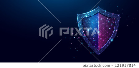 Gaming controller, glowing blue lowpoly wireframe joystick on a dark background. Vector illustration design concept for game development technology and the video game industry. 121917814