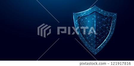 Guard shield. Cyber security concept with glowing low poly shield on dark blue background. Wireframe low poly design. Abstract futuristic vector illustration. 121917816
