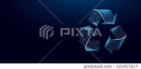 Recycling sign, glowing blue lowpoly wireframe on a dark background. Vector illustration design concept of Environment day. Recycling sign, glowing blue lowpoly wireframe on a dark background. Vector illustration design concept of Environment day. 121917817