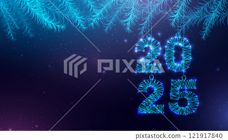 Postcard Happy New Year 2025. Low poly Christmas ball and fir branches. Numbers from a polygonal wireframe. Abstract vector illustration on a dark background. 121917840
