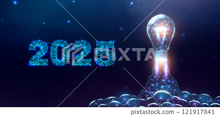 Bulb launch, wireframe polygonal style. 2025 start concept with glowing low poly rocket. Futuristic modern abstract background. Vector illustration. Bulb launch, wireframe polygonal style. 2025 start concept with glowing low poly rocket. Futuristic modern abstract background. Vector illustration. 121917841