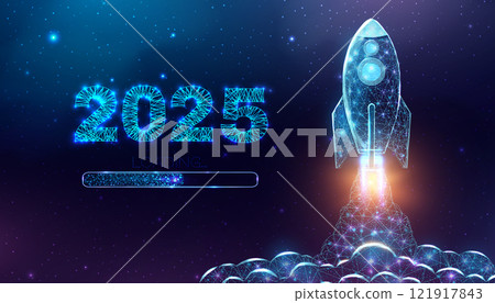 Rocket launch, wireframe polygonal style. 2025 loading start concept with glowing low poly rocket. Futuristic modern abstract background. Vector illustration. Rocket launch, wireframe polygonal style. 2025 loading start concept with glowing low poly rocket. Futuristic modern abstract background. Vector illustration. 121917843