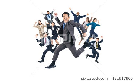 A group of business people of all ages jumping energetically - Hand-cut, transparent, full-body photo PNG 121917906