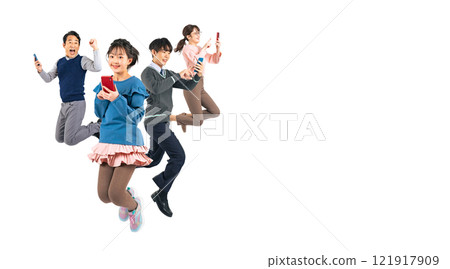 A three-generation family with a child jumping while using a smartphone. A manually cut, transparent, full-body photo PNG 121917909