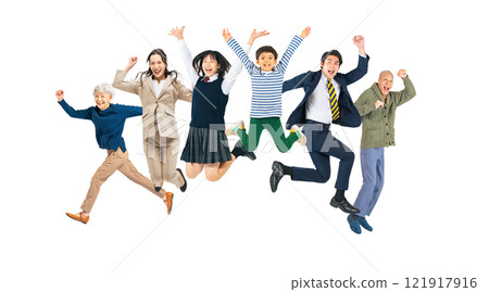 A three-generation family jumping energetically - A transparent, hand-cut, full-body photo PNG 121917916