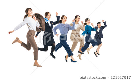 A group of career women jumping energetically. Full-body photo PNG with transparent background precisely cut out by hand. A group of career women jumping energetically. Full-body photo PNG with transparent background precisely cut out by hand. 121917917