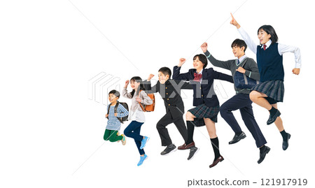 一群不同年級的學生精力充沛地跳躍著透明背景的全身照片PNG。 121917919