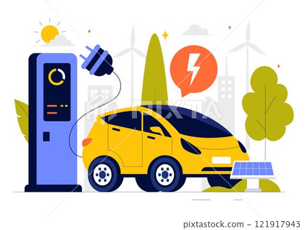 Charging Electric Car Batteries Vector Illustration with of Charger and Cable Plugs Representing Green Energy, Environmental Sustainability or Ecology Charging Electric Car Batteries Vector Illustration with of Charger and Cable Plugs Representing Green Energy, Environmental Sustainability or Ecology 121917943