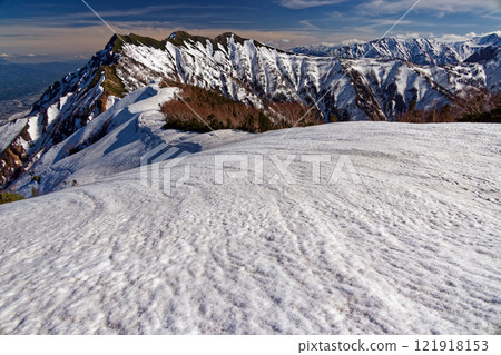 Snow-covered Mt. Jigatake and Mt. Harinoki seen from near Hiyaike Pond in the Northern Alps 121918153