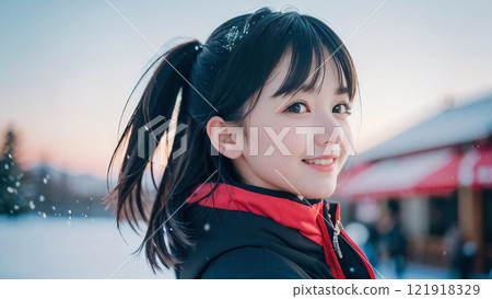 Smiling young woman at the ski resort at sunset 121918329