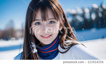 滑雪勝地藍天映襯下微笑的年輕女子 121918356