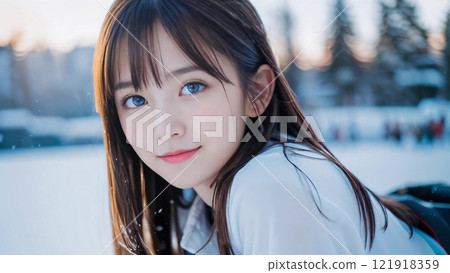 日落時滑雪勝地微笑的年輕女子 日落時滑雪勝地微笑的年輕女子 121918359