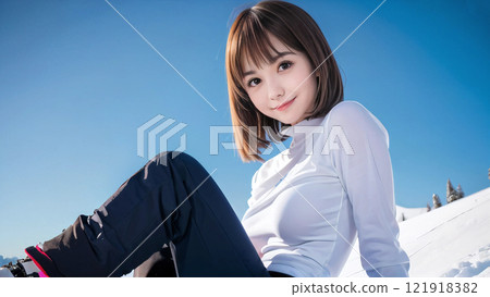 滑雪勝地藍天映襯下微笑的年輕女子 滑雪勝地藍天映襯下微笑的年輕女子 121918382