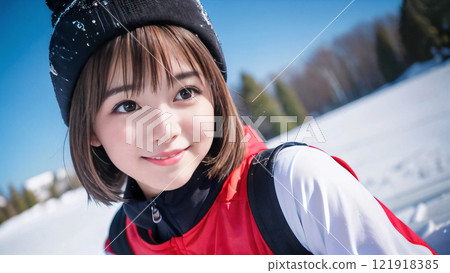 滑雪勝地藍天映襯下微笑的年輕女子 121918385