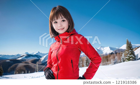 滑雪勝地藍天映襯下微笑的年輕女子 121918386