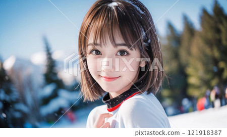 滑雪勝地藍天映襯下微笑的年輕女子 121918387