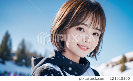 滑雪勝地藍天映襯下微笑的年輕女子 滑雪勝地藍天映襯下微笑的年輕女子 121918390