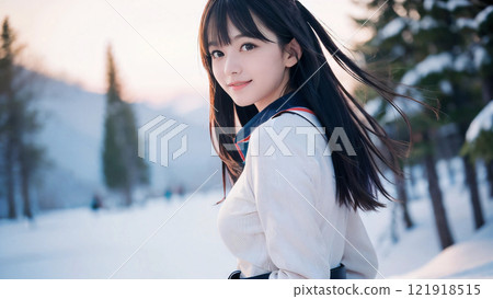 日落時滑雪勝地微笑的年輕女子 日落時滑雪勝地微笑的年輕女子 121918515