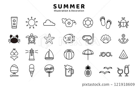 Summer icon material set Morning glory Snorkel Lighthouse Beer Beetle Anchor Yacht Swimsuit Vector 121918609