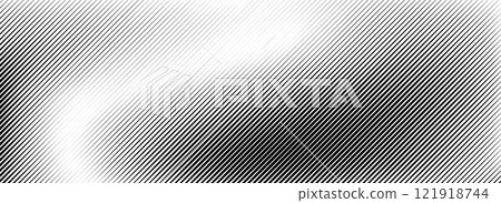 Fading linear gradient texture. Black diagonal striped gradation background. Thin to thick slanted pattern backdrop. Oblique vanishing parallel stroke wallpaper. Vector straight lines overlay 121918744