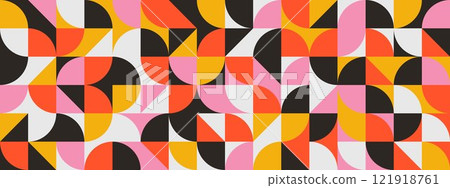 Bright curved seamless pattern. Abstract geometric mid century background. Colorful Swiss modernist or postmodernist style wallpaper. Vector modular repeating overlay. Red pink yellow mural backdrop 121918761