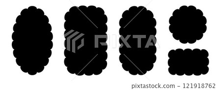 Wavy rounded edges frame collection. Jagged scalloped border element set. Black undulate graphic design templates for decoration, banner, poster, template, sticker, badge. Vector vintage bundle 121918762