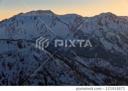 The Tateyama mountain range in the evening light seen from near Hiyaike Pond in the Northern Alps The Tateyama mountain range in the evening light seen from near Hiyaike Pond in the Northern Alps 121918871