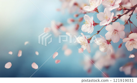 櫻花花瓣在風中飛舞，背景是淡藍色的，模糊的。 121919031