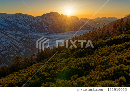 Sunset over Mount Tsurugi seen from near Hiyaike Pond in the Northern Alps Sunset over Mount Tsurugi seen from near Hiyaike Pond in the Northern Alps 121919033