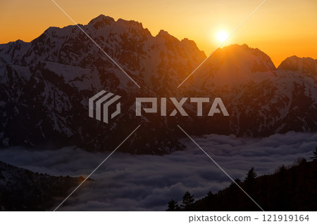 從北阿爾卑斯比池附近看到的劍岳日落 121919164