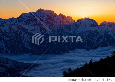 Sunset over Mount Tsurugi seen from near Hiyaike Pond in the Northern Alps 121919169