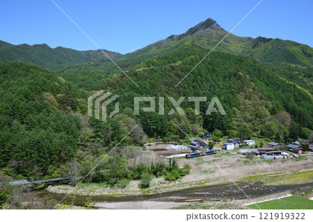 小海線上的當地列車穿過翠綠的千曲川沿岸的村莊。 121919322
