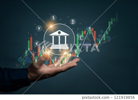 Businessmen Analysis stock market finance volume of stock market investment with graph and chart hologram technology. Stock graph and financial chart. Currency market. Take Profits. 121919856