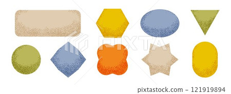 Textured sticker shape collection. Primitive geometric label element pack. Set of abstract dotted blank badges for price tag and sale promotion. Bright noise patch pack. Vector design elements Textured sticker shape collection. Primitive geometric label element pack. Set of abstract dotted blank badges for price tag and sale promotion. Bright noise patch pack. Vector design elements 121919894