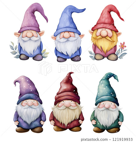 Set of cute gnomes. Watercolor illustration isolated on white background. 121919933