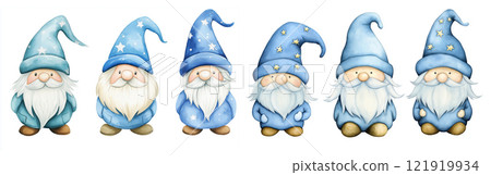 Set of cute gnomes. Watercolor illustration isolated on white background. 121919934