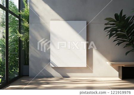 Blank white poster hanging on a concrete wall in a room with green plants. 121919976