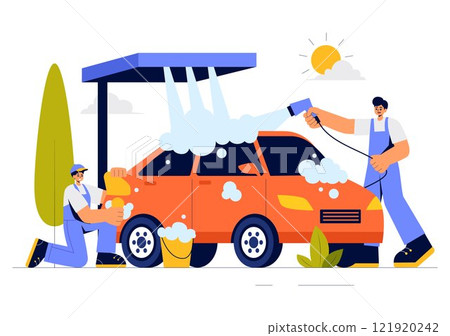 Car Wash Service Vector Illustration featuring Workers Cleaning an Automobile with Sponges, Soap, and Water in a Flat Style Cartoon Background Car Wash Service Vector Illustration featuring Workers Cleaning an Automobile with Sponges, Soap, and Water in a Flat Style Cartoon Background 121920242
