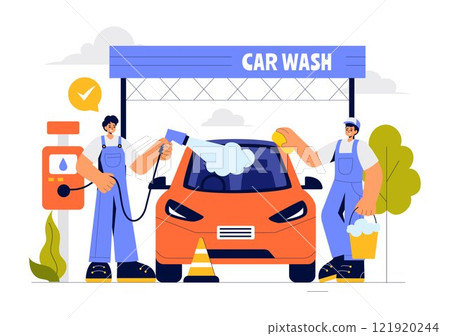 Car Wash Service Vector Illustration featuring Workers Cleaning an Automobile with Sponges, Soap, and Water in a Flat Style Cartoon Background Car Wash Service Vector Illustration featuring Workers Cleaning an Automobile with Sponges, Soap, and Water in a Flat Style Cartoon Background 121920244
