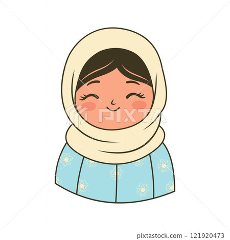 Beautiful Islamic Muslim Girl Cartoon Character Wearing Cream Hijab While Smiling 121920473