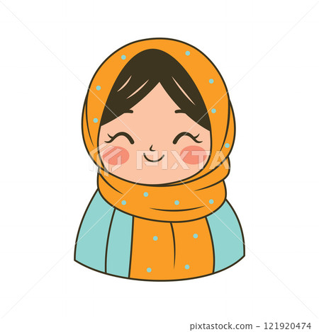 Beautiful Islamic Muslim Girl Cartoon Character Wearing Pattern Yellow Hijab While Smiling 121920474