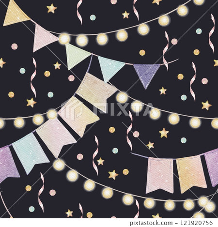 Seamless pattern of festive flags and garlands in watercolor 121920756