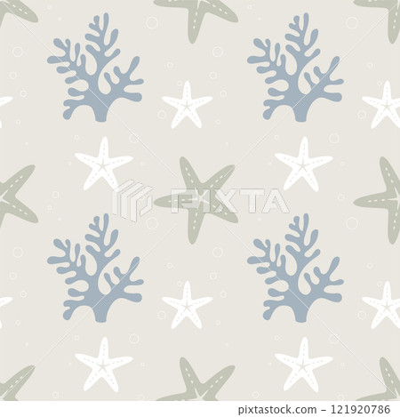 Corals and starfish, marine pattern on soft background. The pastel light pattern conveys cozy underwater world. Corals and starfish, marine pattern on soft background. The pastel light pattern conveys cozy underwater world. 121920786