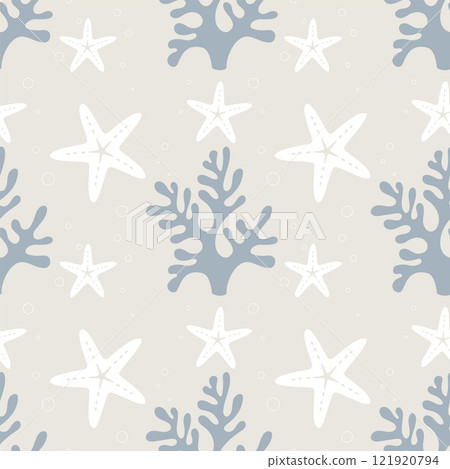 Corals gray and starfish white, marine pattern on soft beige background. The pastel light pattern conveys cozy underwater world. 121920794