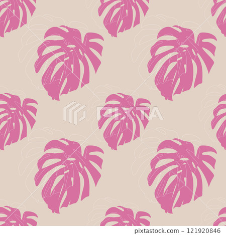 Pattern with monstera leaves in pink color, textile soft beige pastel background. Pattern with monstera leaves in pink color, textile soft beige pastel background. 121920846