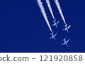 Blue Impulse flying through the blue sky 121920858