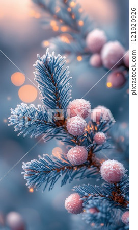 Delicate evergreen branches are coated with frost and decorated with soft pink ornaments. The Delicate evergreen branches are coated with frost and decorated with soft pink ornaments. The 121920926