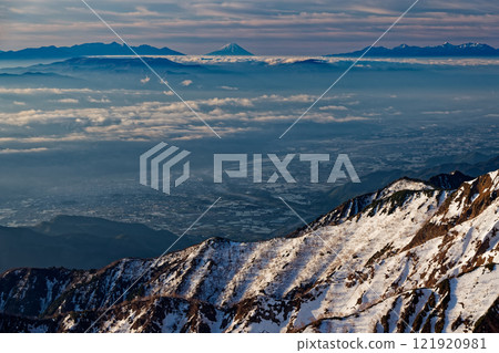 從鹿島矢岳登頂眺望安曇野、八嶽、富士山、南阿爾卑斯山 121920981