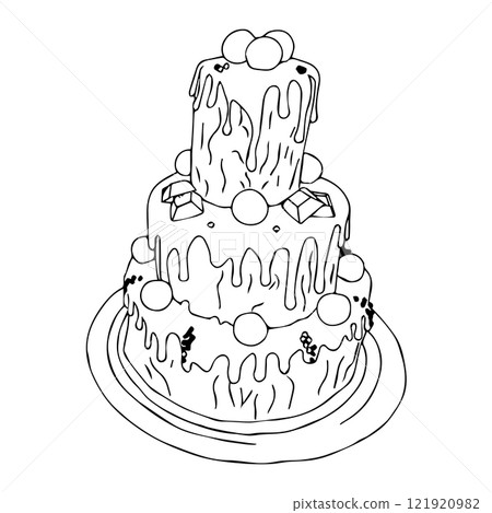 Three-tier cake decorated with chocolate candies, sprinkles, and almonds. Vector illustration in doodle style isolated on white background. 121920982